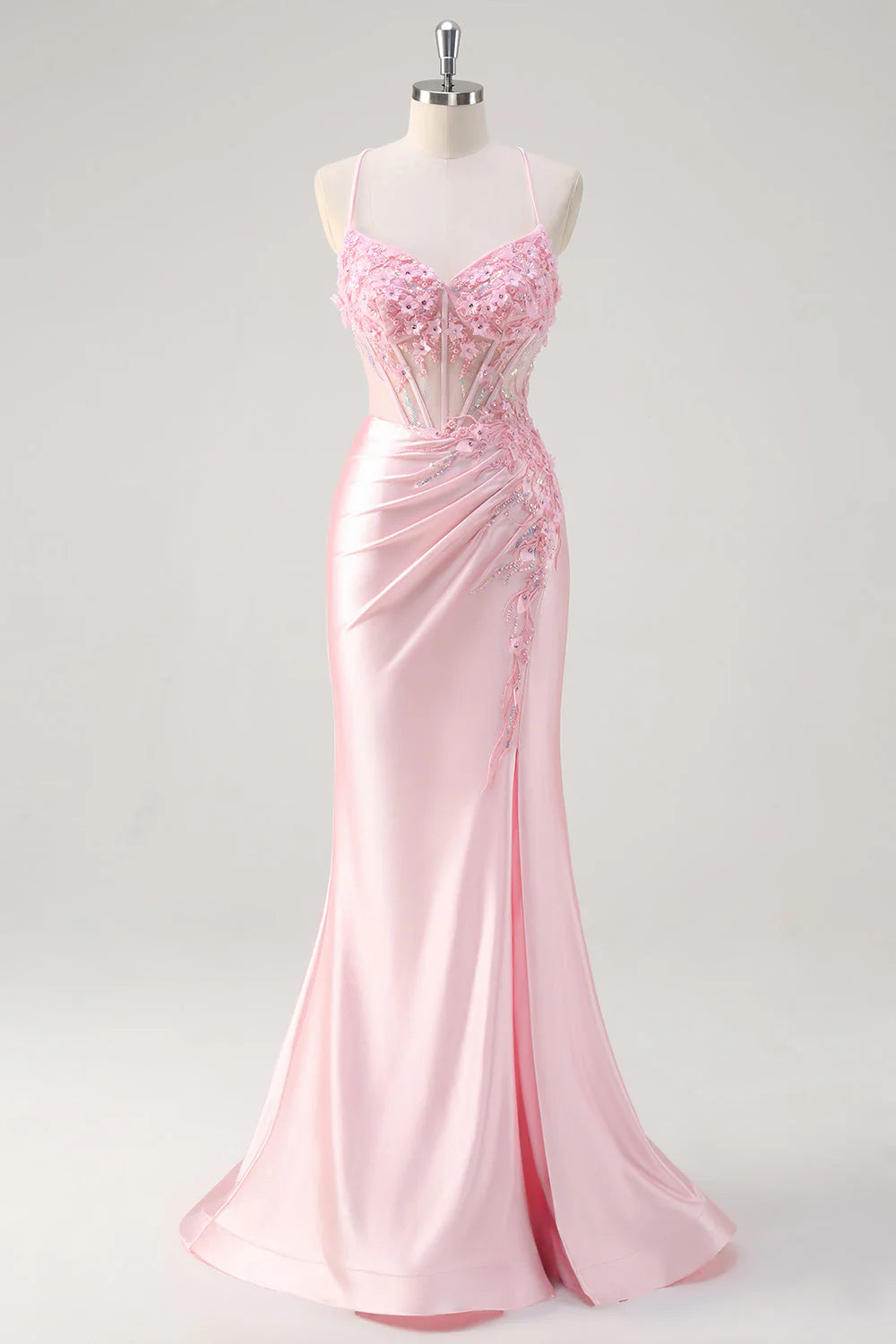 Pink Mermaid Spaghetti Straps Corset Floral Ruched Beaded Prom Dress with Slit