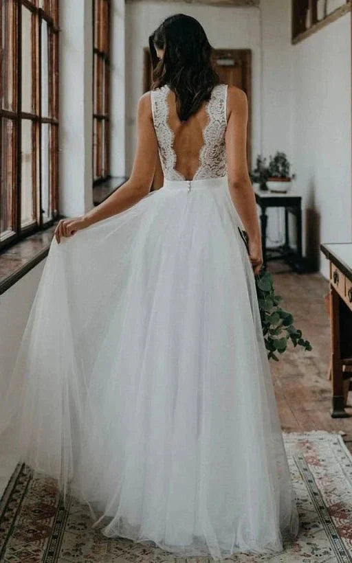 Rustic Boho Elegant A Line Tulle Lace V neck Open Back Floor Length Sleeveless Wedding Dress