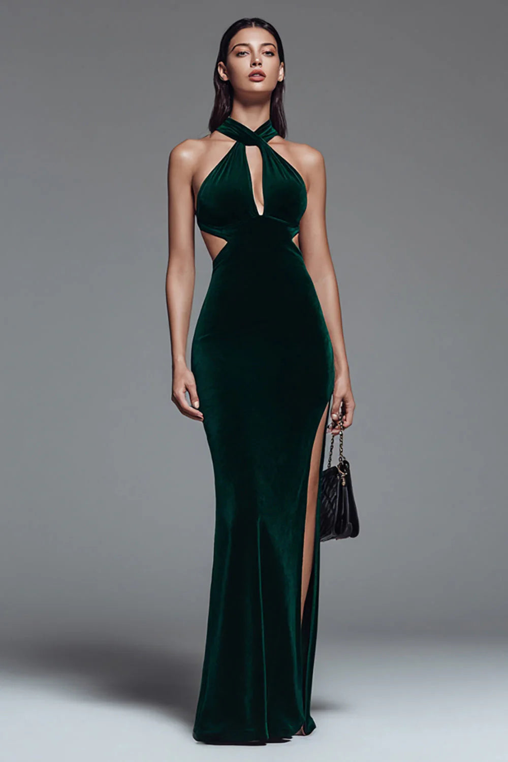 Dark Green Halter Cut Out Mermaid Velvet Formal Dress with Slit