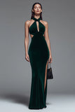 Dark Green Halter Cut Out Mermaid Velvet Formal Dress with Slit