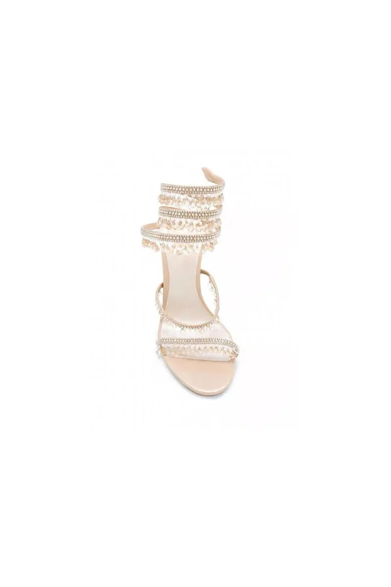 Open Toe Ankle Wrap Beaded Crystal Stiletto Heels