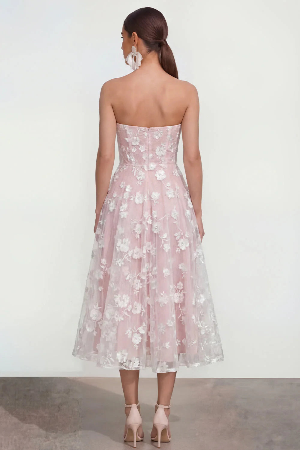 Strapless Floral Blue A Line Wedding Guest Dress