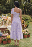 One Shoulder Lilac Floral A Line Midi Wedding Guest Dress