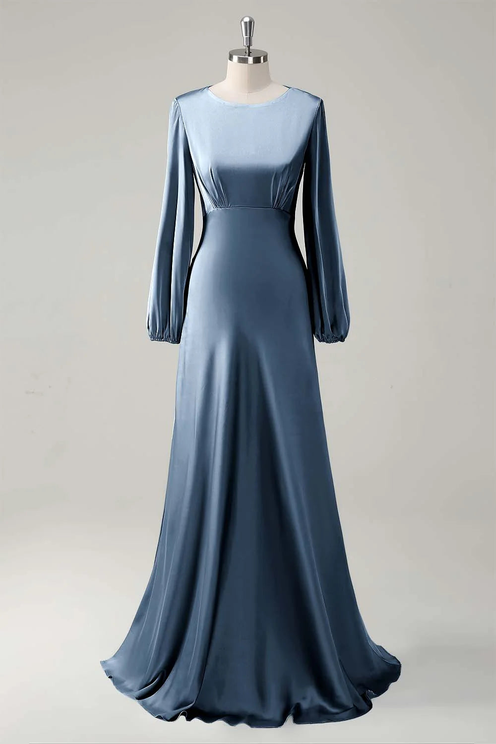 Agave A Line Round Neck Satin Long Bridesmaid Dress with Long Sleeves