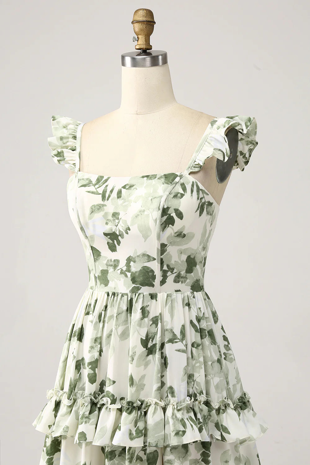 A Line Spaghetti Straps Printed Tiered Long Green Bridesmaid Dress With Slit