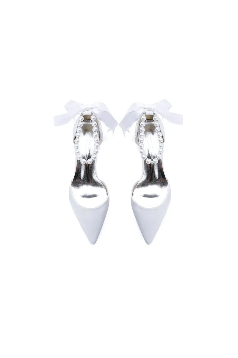 Pointed Toe Satin Pearl Ankle Strap Block Heels With Ribbon Tie