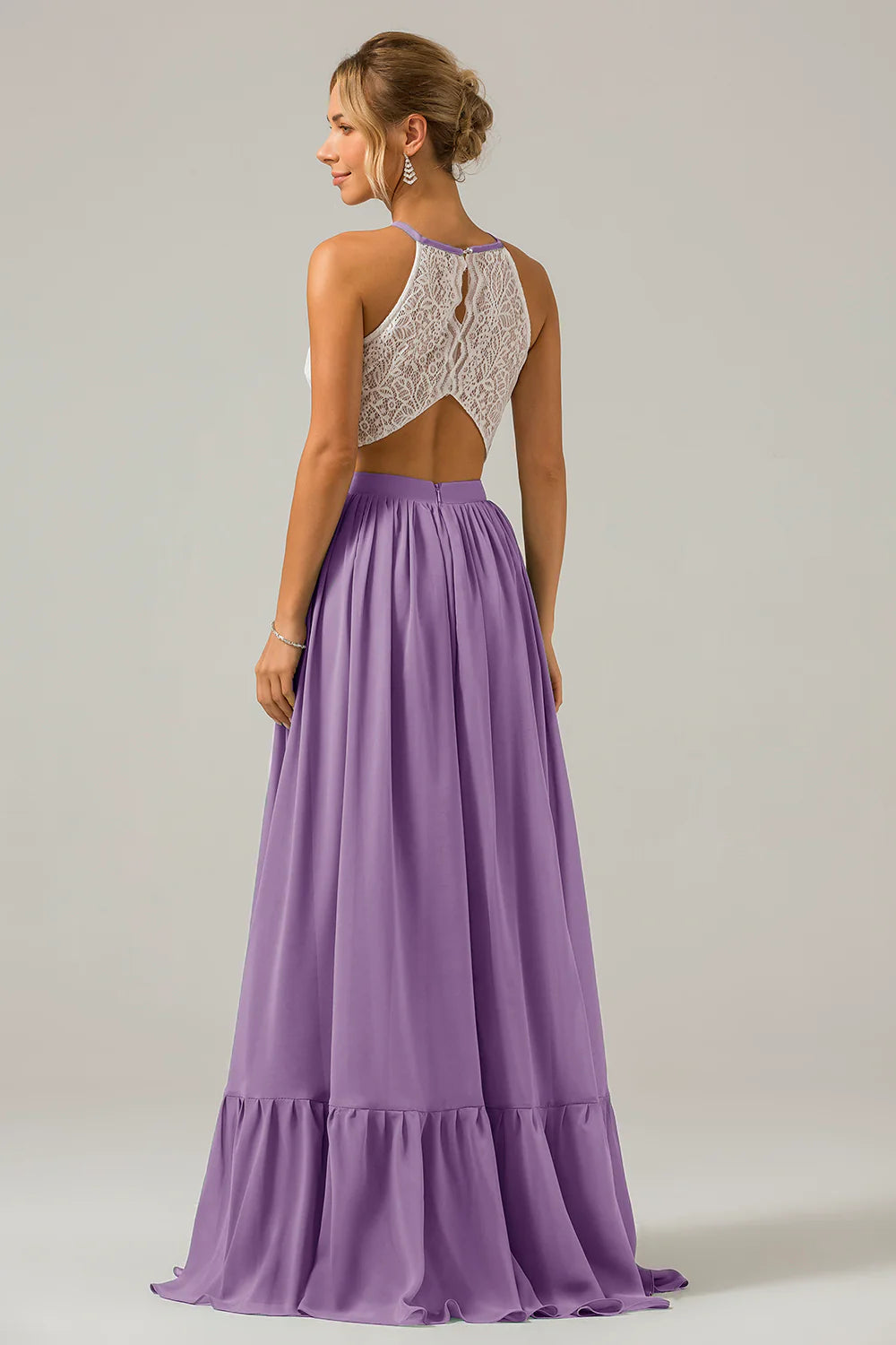 A Line Halter Pleated Keyhole Chiffon Bridesmaid Dress With Lace