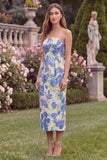 Blue Floral Pencil Strapless Midi Wedding Guest Dress