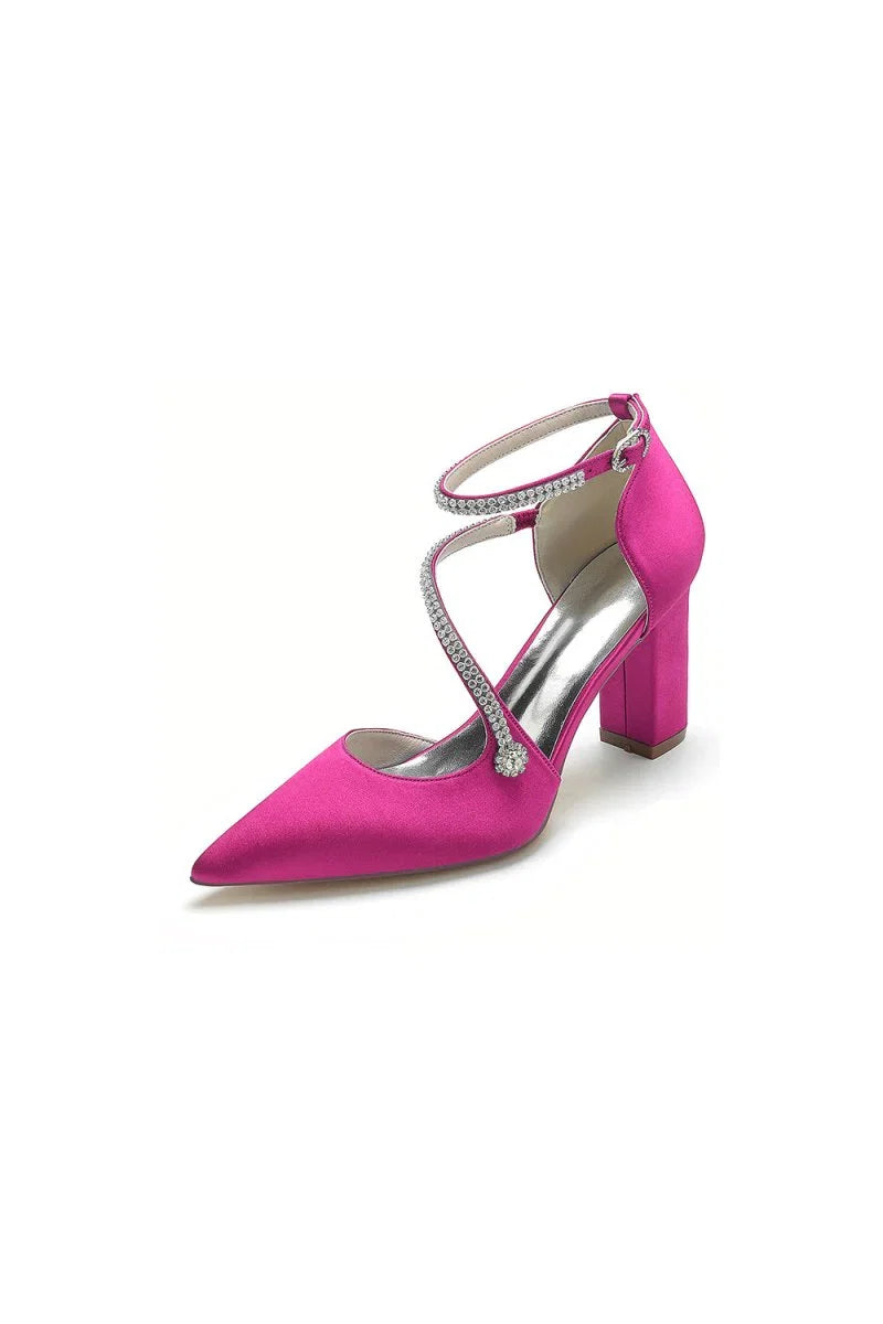 White Satin Pump with Cross Strap and Beaded Buckle