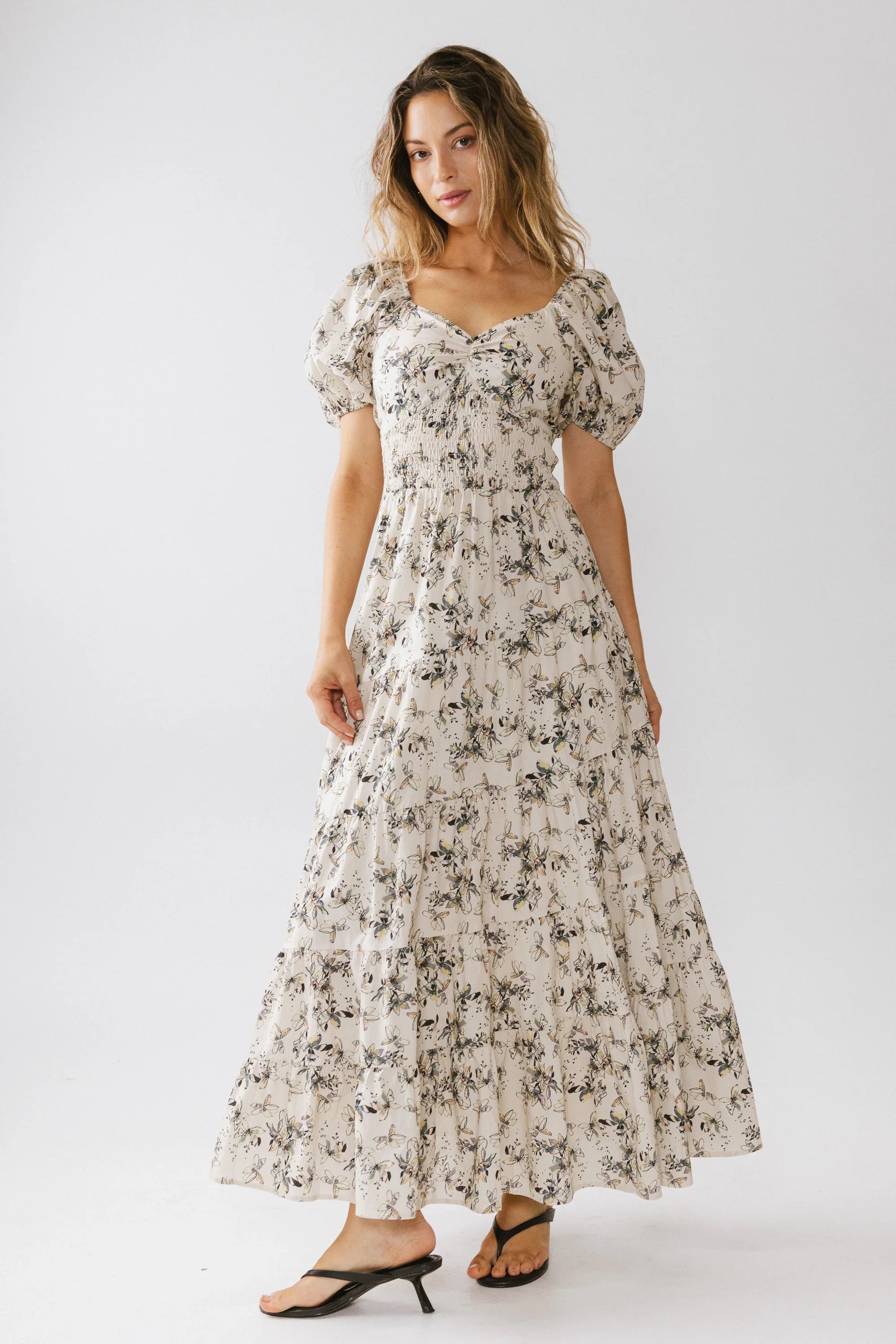 Robbie Floral Midi Dress in Beige
