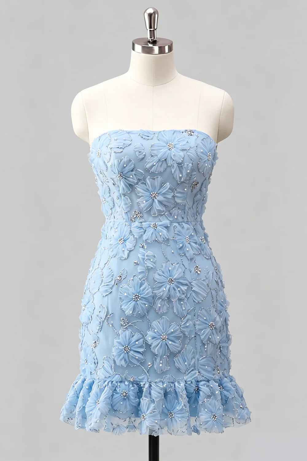 Light Blue Strapless Bodycon Beaded Short Homecoming Dress with 3D Flowers