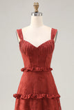 Terracotta A line Ruffled Floral Burnout Maxi Bridesmaid Dress with Lace Up Back