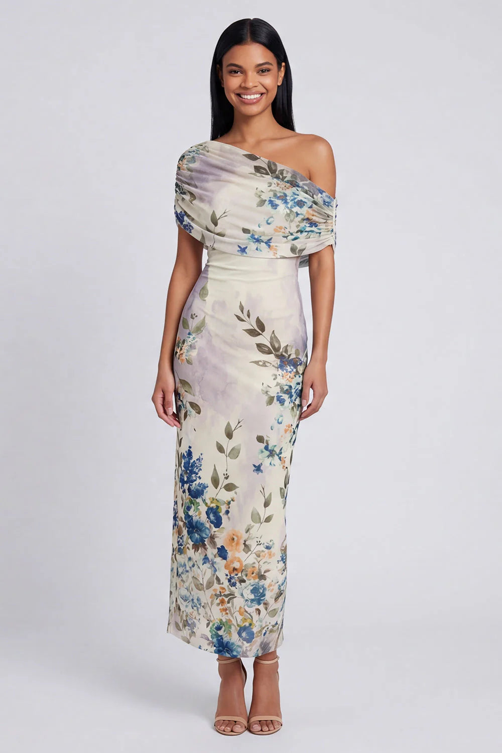 One Shoulder Sheath Ivory Floral Wedding Guest Dress