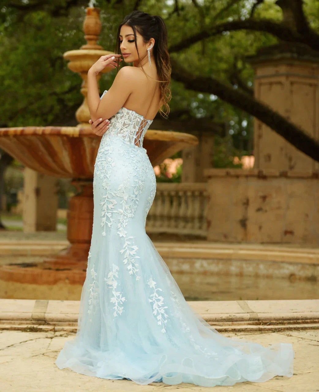 Reva Corset Gown Light Blue Floral Lace Dress