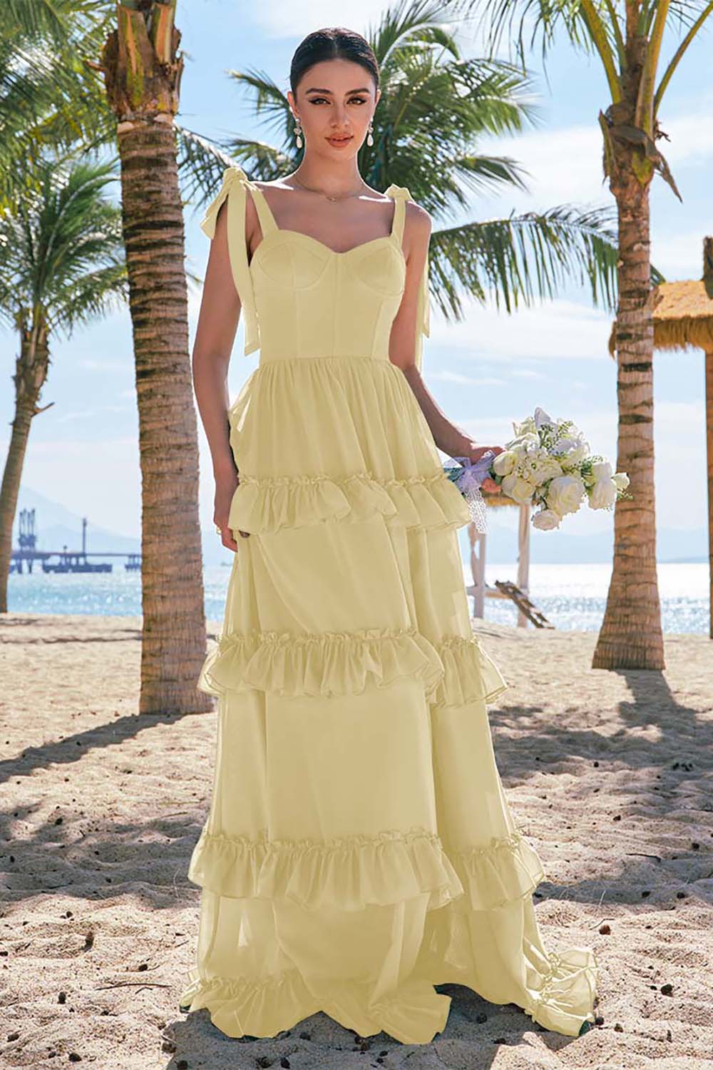 Eucalyptus A Line Bow Tie Straps Corset Tiered Long Bridesmaid Dress with Slit