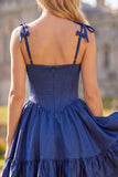 Navy A Line Spaghetti Straps Corset Homecoming Dress