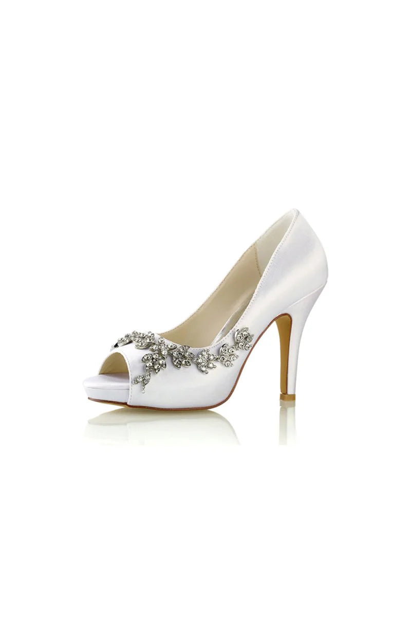 Champagne Satin Heels with Silver Metal Flower Ornament