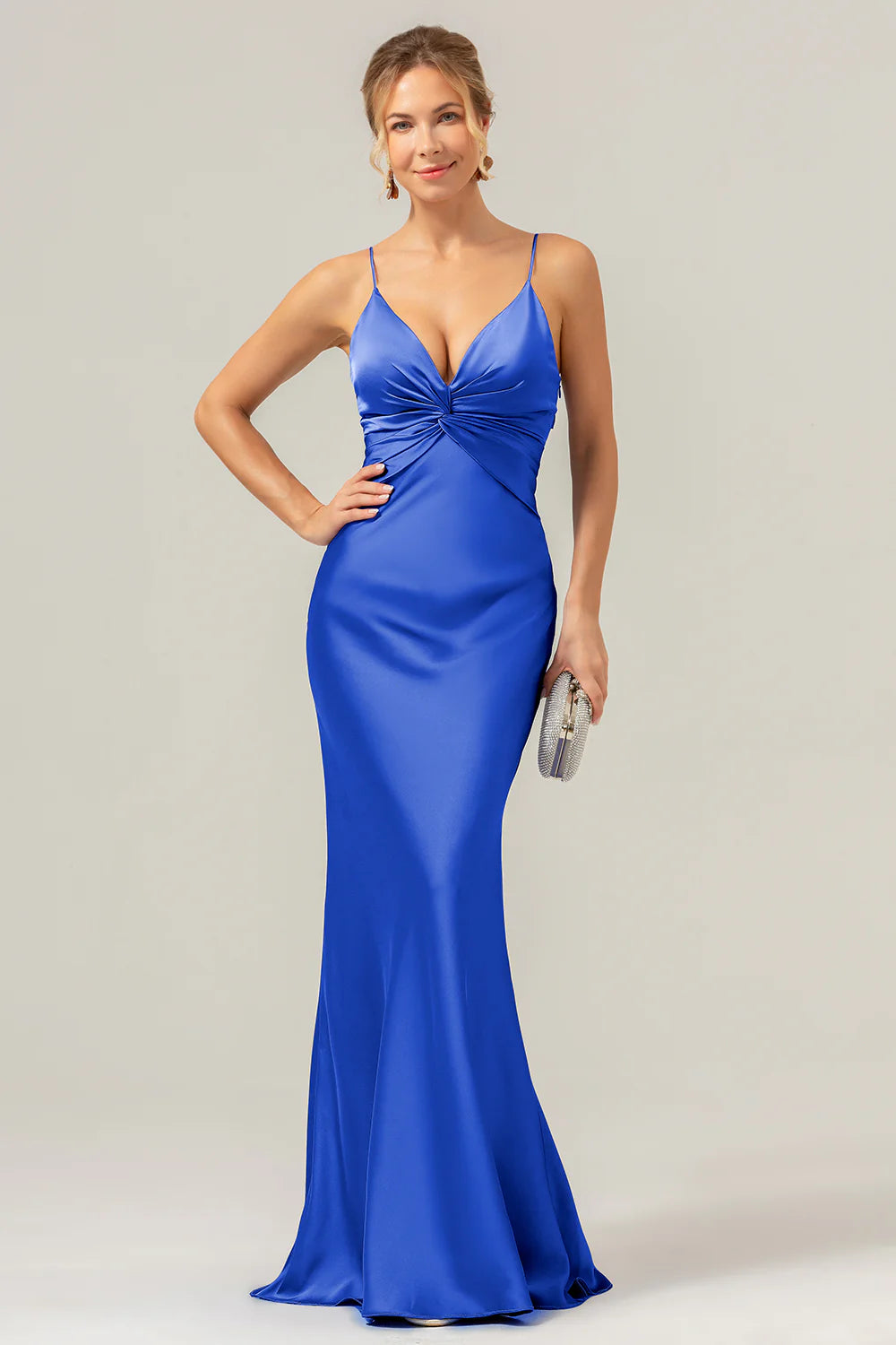 Purple Mermaid Spaghetti Straps Front Pleated Long Bridesmaid Dress