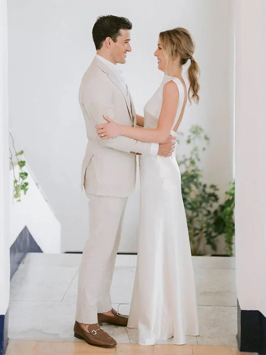 Sheath High Bateau Neck Backless Silk Satin Wedding Dress