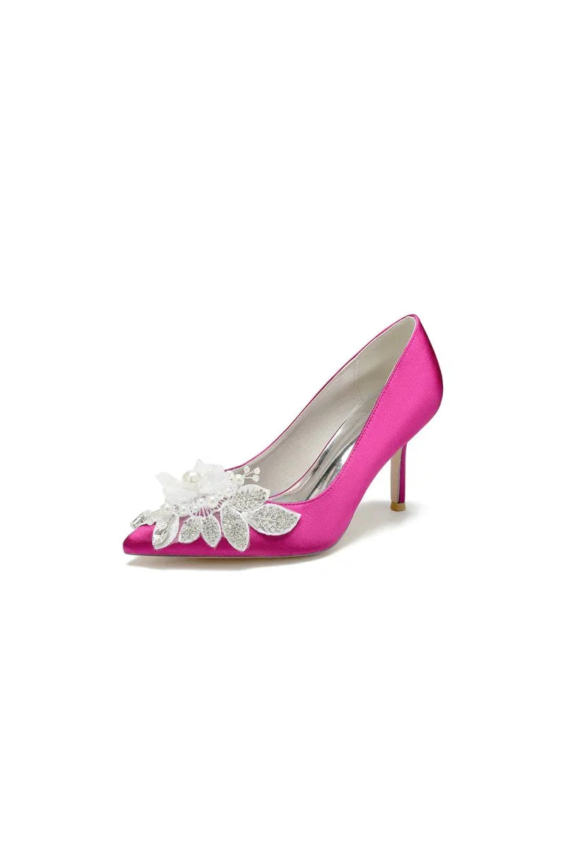 Pointed Toe Satin Bridal Heels with Crystal Flower