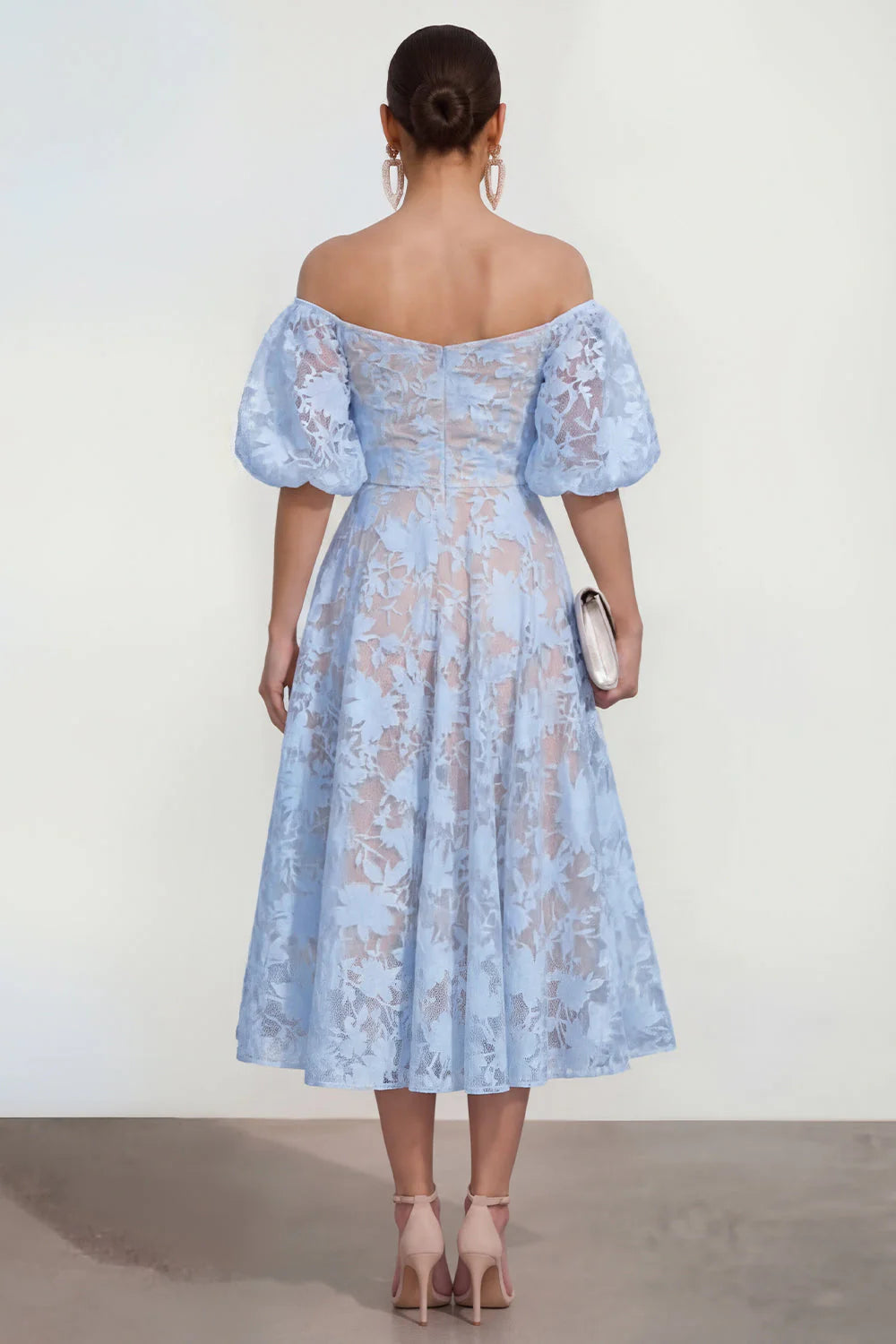 Floral Pink Off the Shoulder A Line Midi Wedding Guest Dress