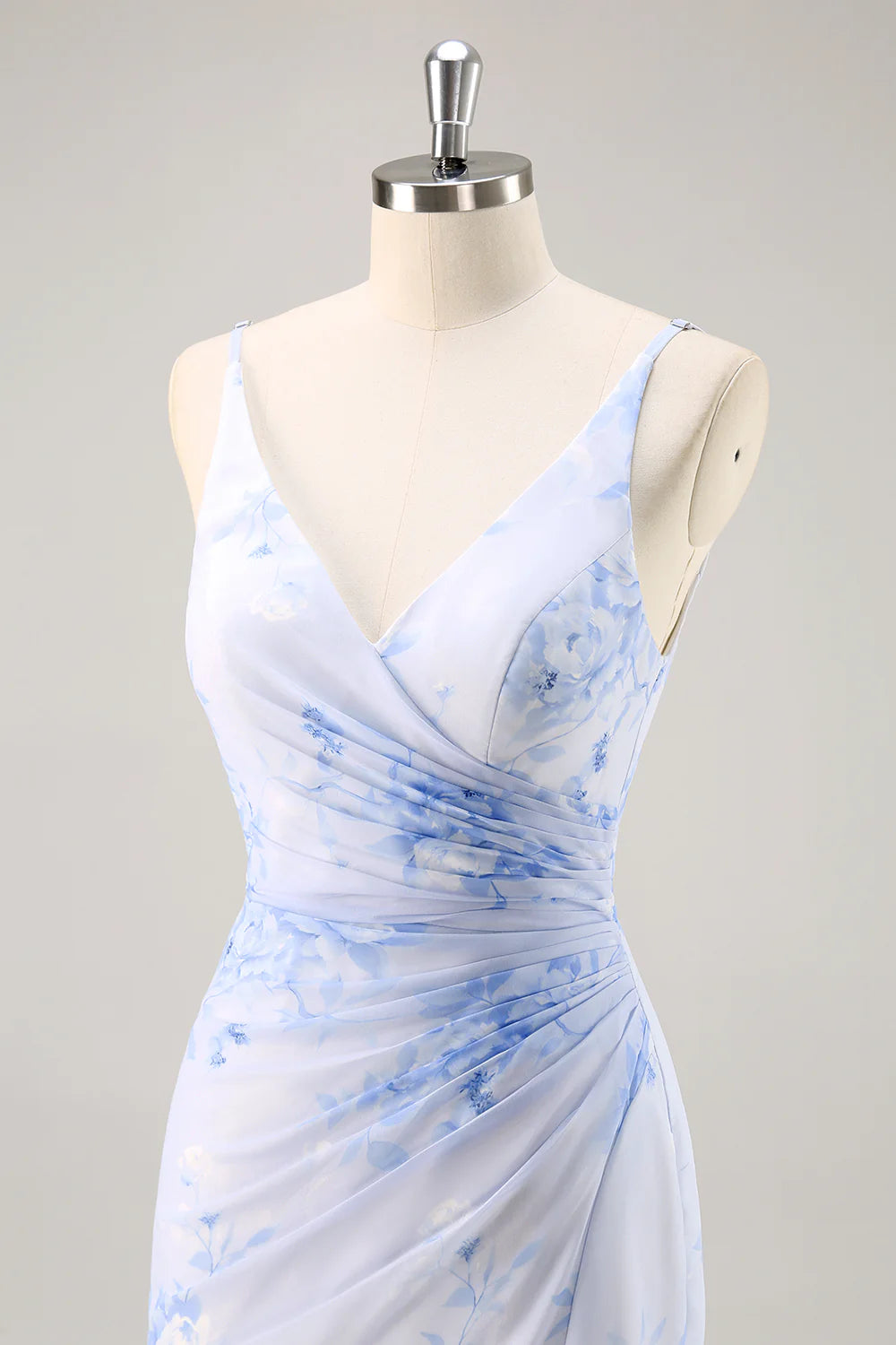 Blue Flower Sheath V Neck Ruched Long Bridesmaid Dress with Slit