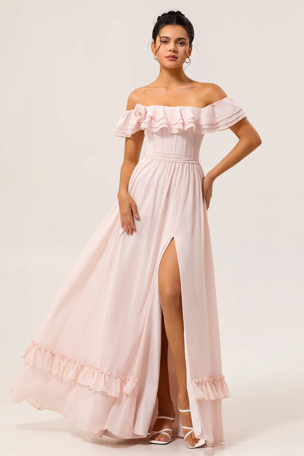Blush A Line Off the Shoulder Ruffle Corset Plus Size Bridesmaid Dress with Rosette