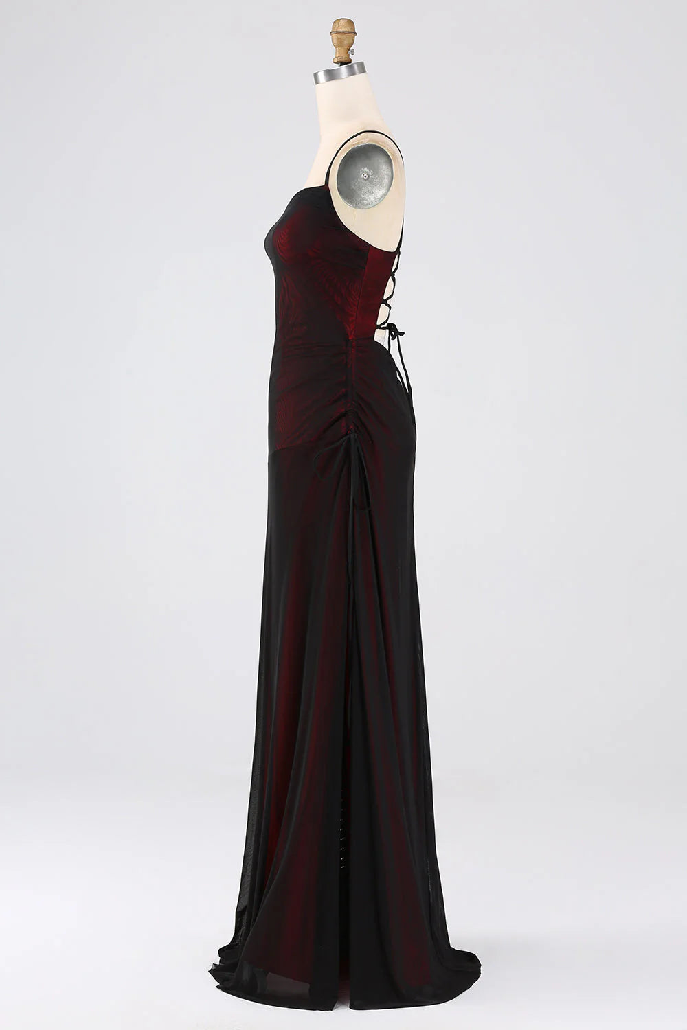 Black Red Sheath Spaghetti Straps Floor Length Bridesmaid Dress With Elasticity