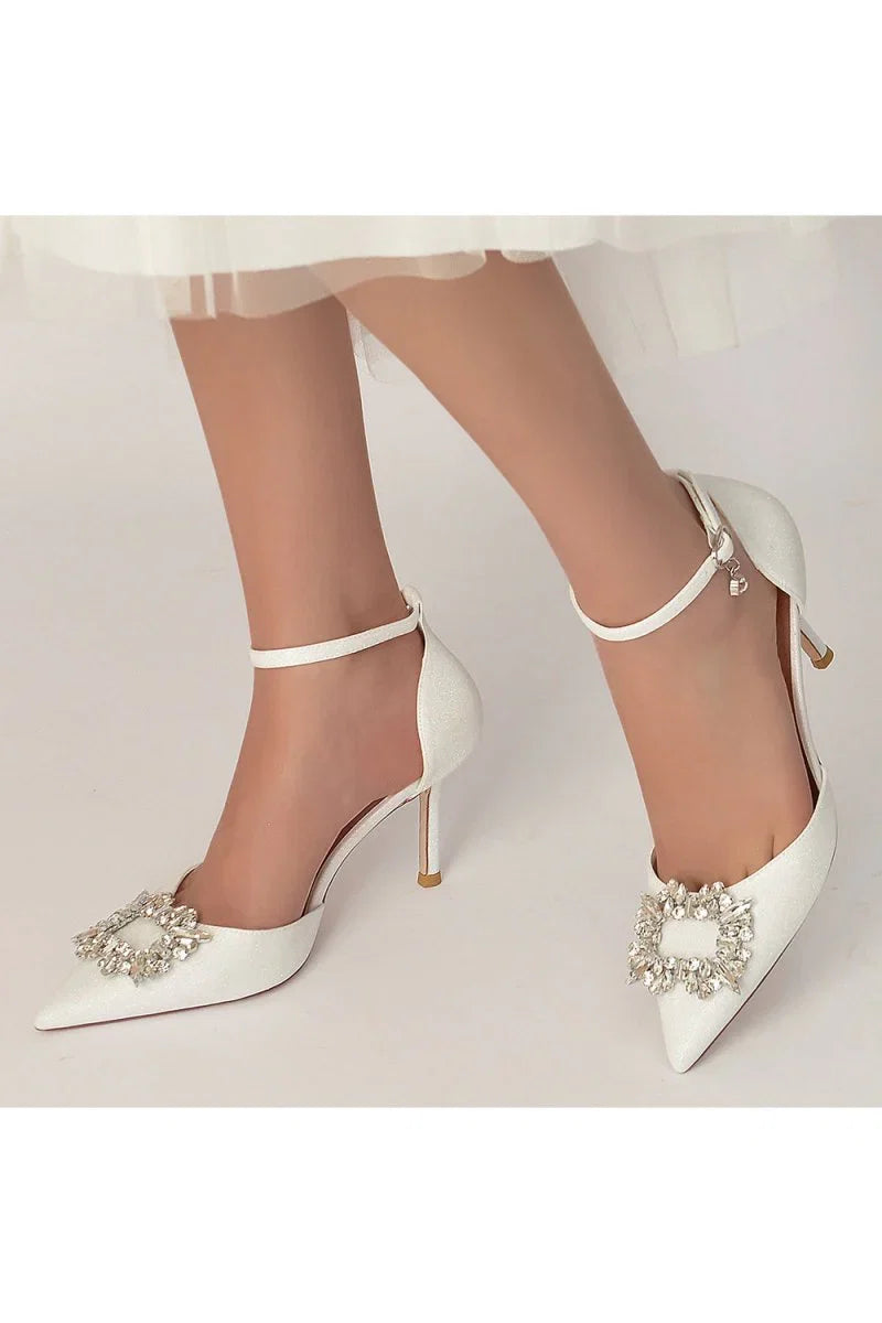 Pointed Toe Ankle Strap Stiletto Heels With Rhinestone