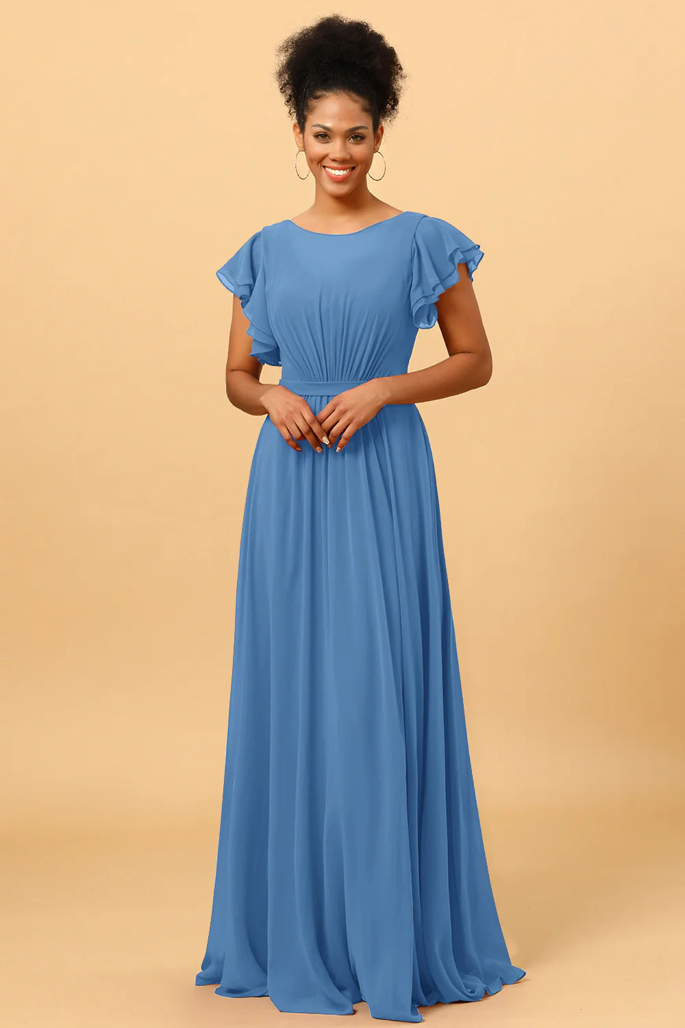 A Line Bateau Neck Ruched Long Chiffon Bridesmaid Dress with Ruffles