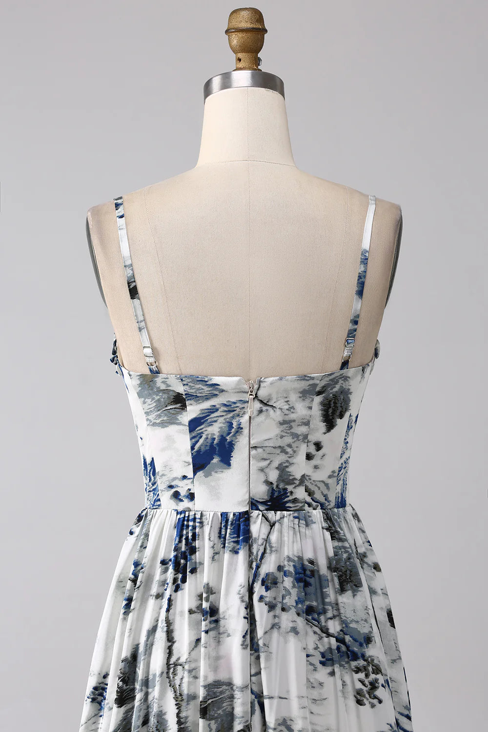 Blue A Line Spaghetti Straps Pleated Printed Long Bridesmaid Dress With Slit