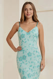 Green Flower Mermaid Printed Long Wedding Guest Dress