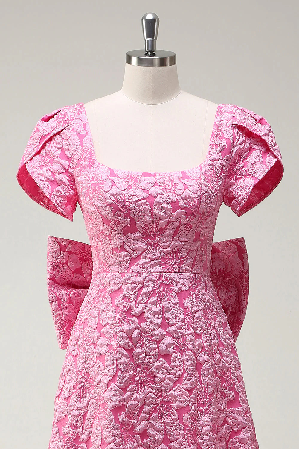 Fuchsia A Line Square Neck Bow Back Brocade Floral Maxi Prom Dress with Slit