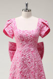 Fuchsia A Line Square Neck Bow Back Brocade Floral Maxi Prom Dress with Slit