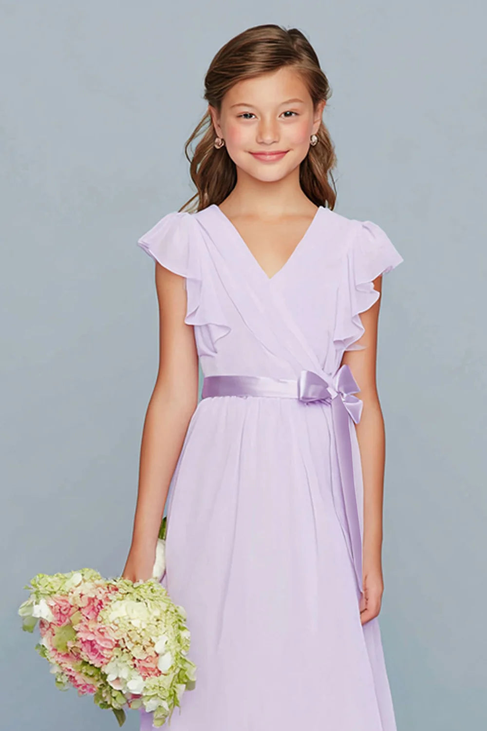 Lilac A Line V Neck Junior Bridesmaid Dress with Ruffles