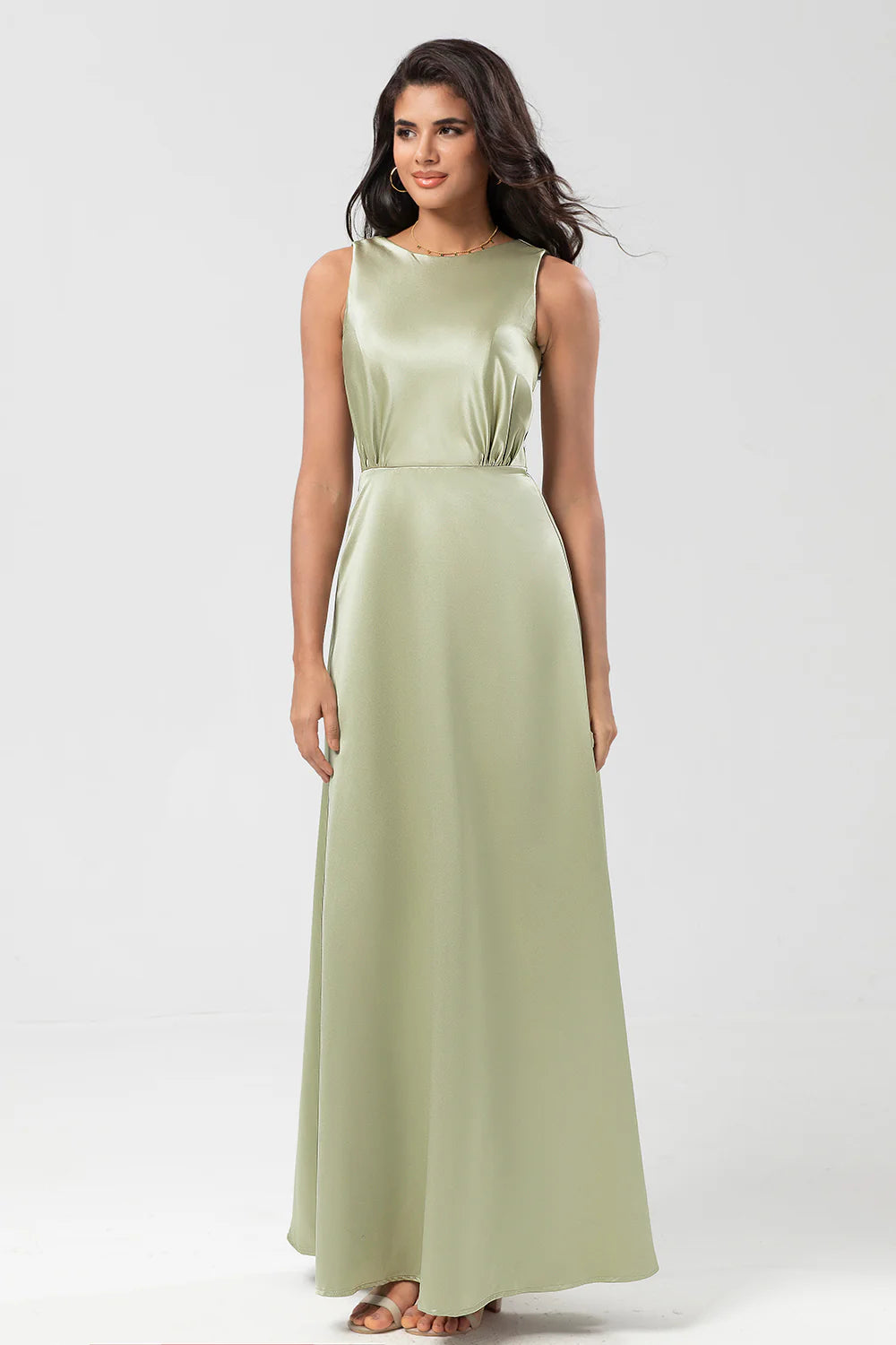 Dusty Sage A Line Floor Length Satin Bridesmaid Dress