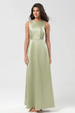 Dusty Sage A Line Floor Length Satin Bridesmaid Dress