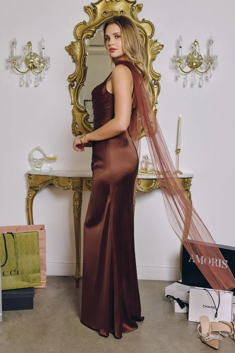 Toby Maxi Satin Dress with Lace Up Back Scarf