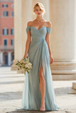 Off The Shoulder Grey Blue A Line Pleated Long Bridesmaid Dress with Slit
