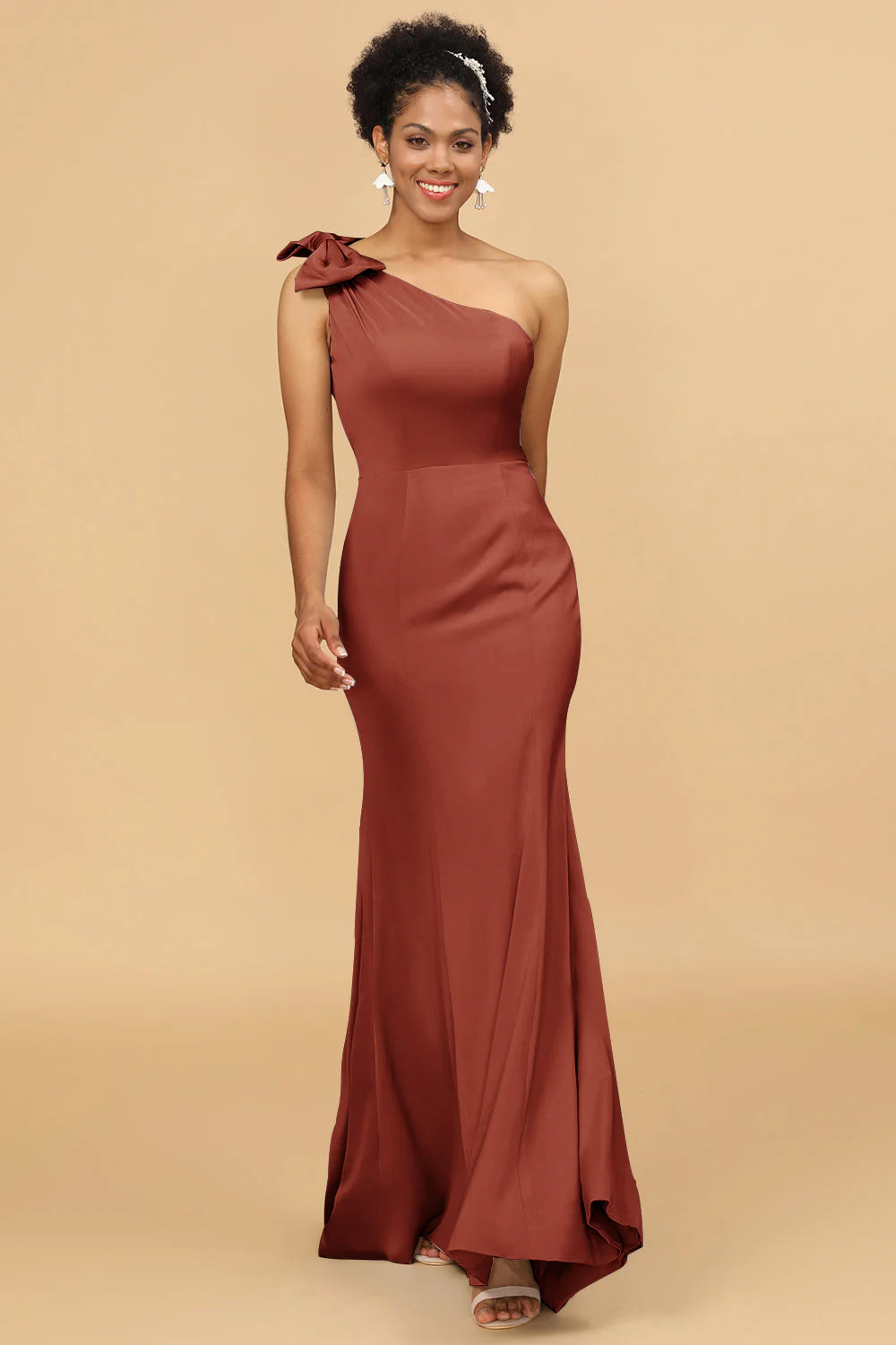 Mermaid One Shoulder Satin Long Bridesmaid Dress With Bowknot