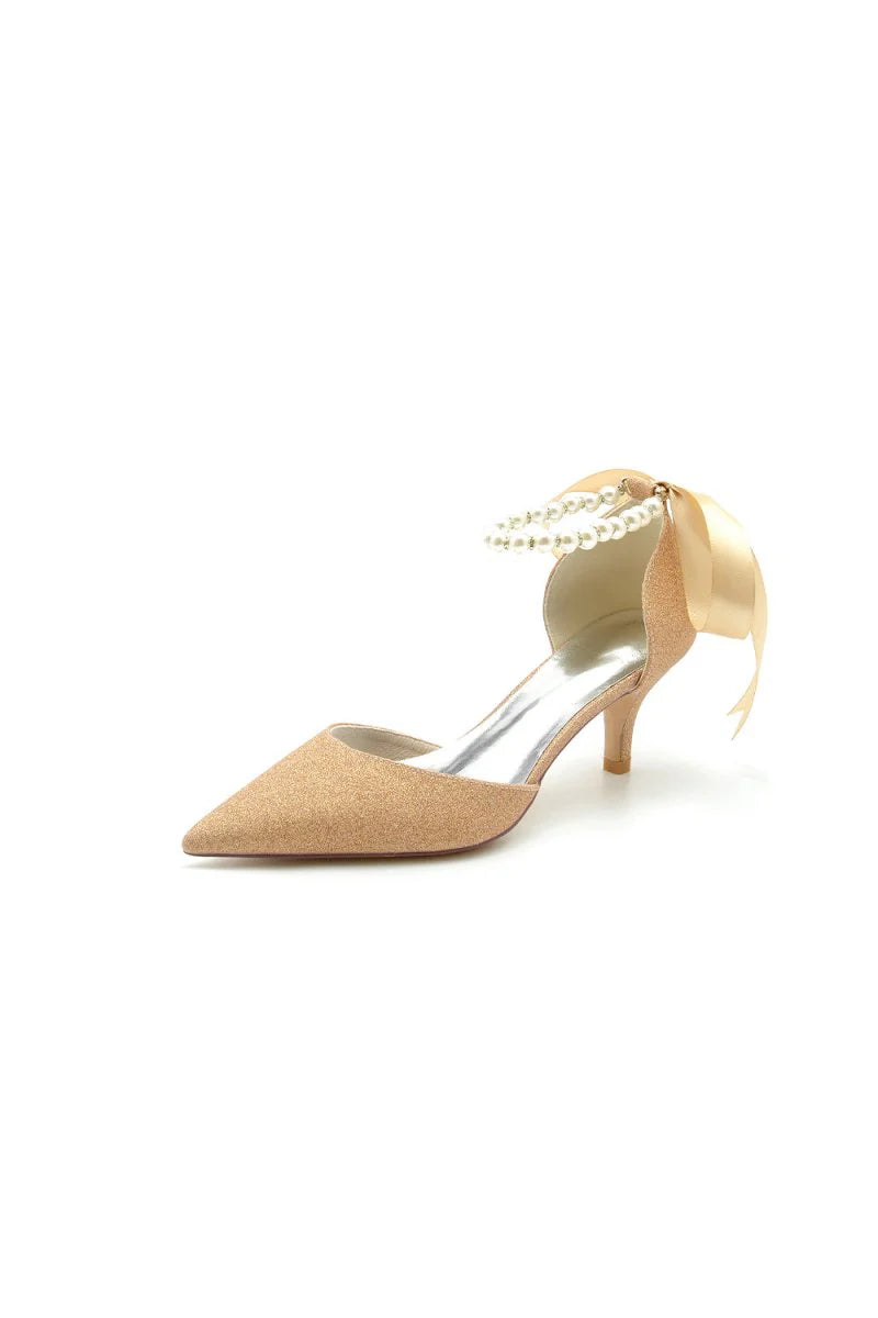 Pointed Toe Glitter Crystal Ribbons Faux Pearl Pumps