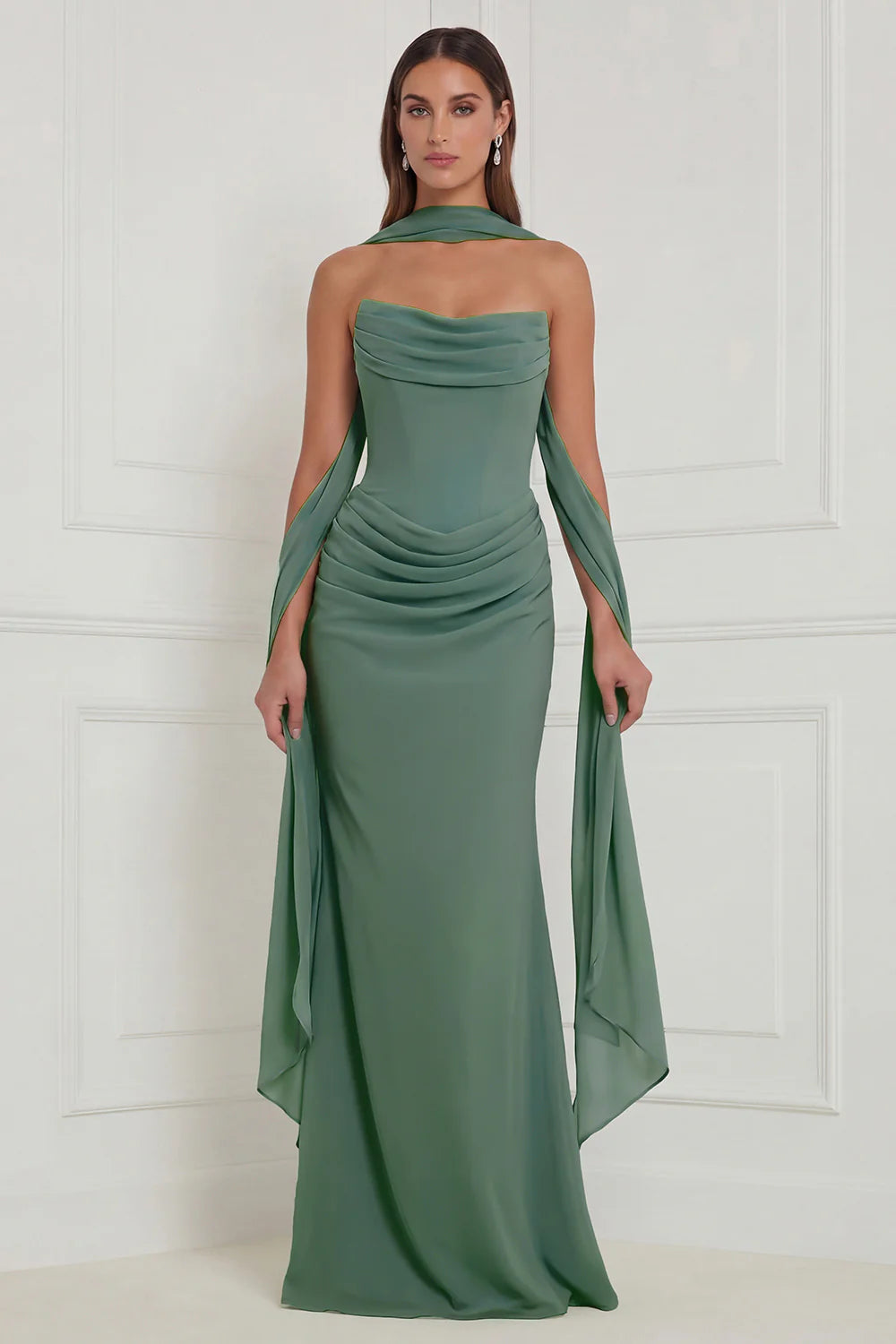 Strapless Ruched Sage Bridesmaid Dress with Scarf