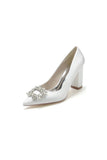 Pointed Toe Block Heels with Rhinestone