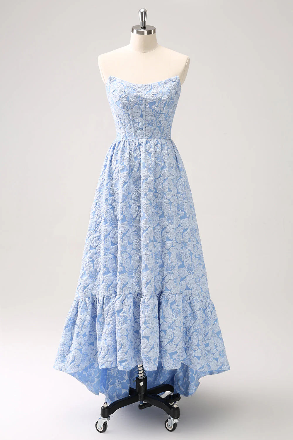 Blue A Line Brocade Strapless High Low Floral Dress with Ruffles