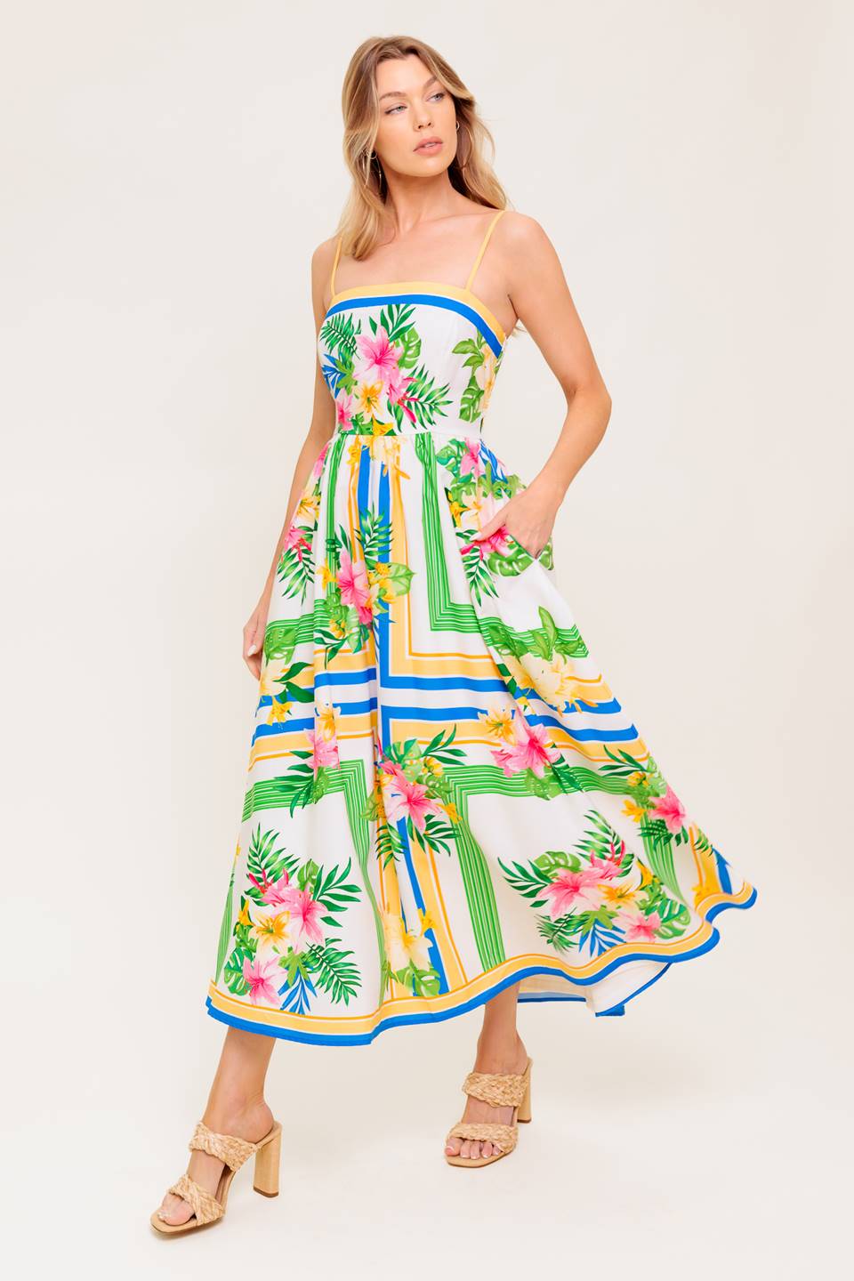 FLORAL HARMONY FLOWER PRINT MIDI DRESS WITH POCKETS