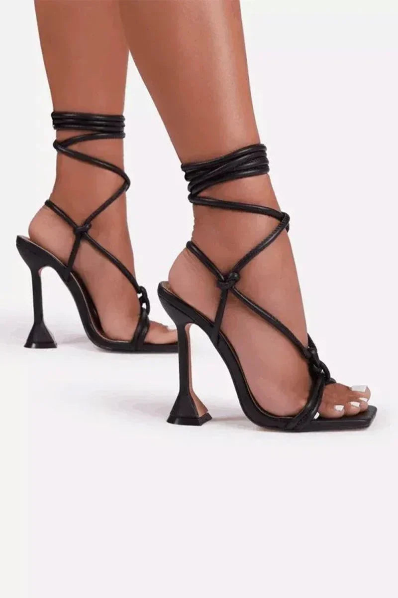 Square Open Toe Tie Up Ankle Strap Stiletto Heels