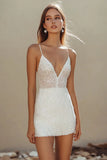 White Tight V Neck Graduation Dress With Sequins