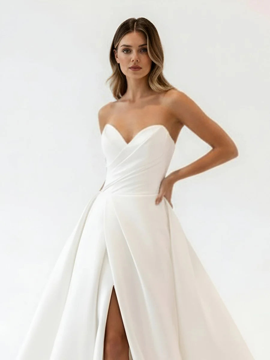 White Satin Long A Line Wedding Dress with Slit