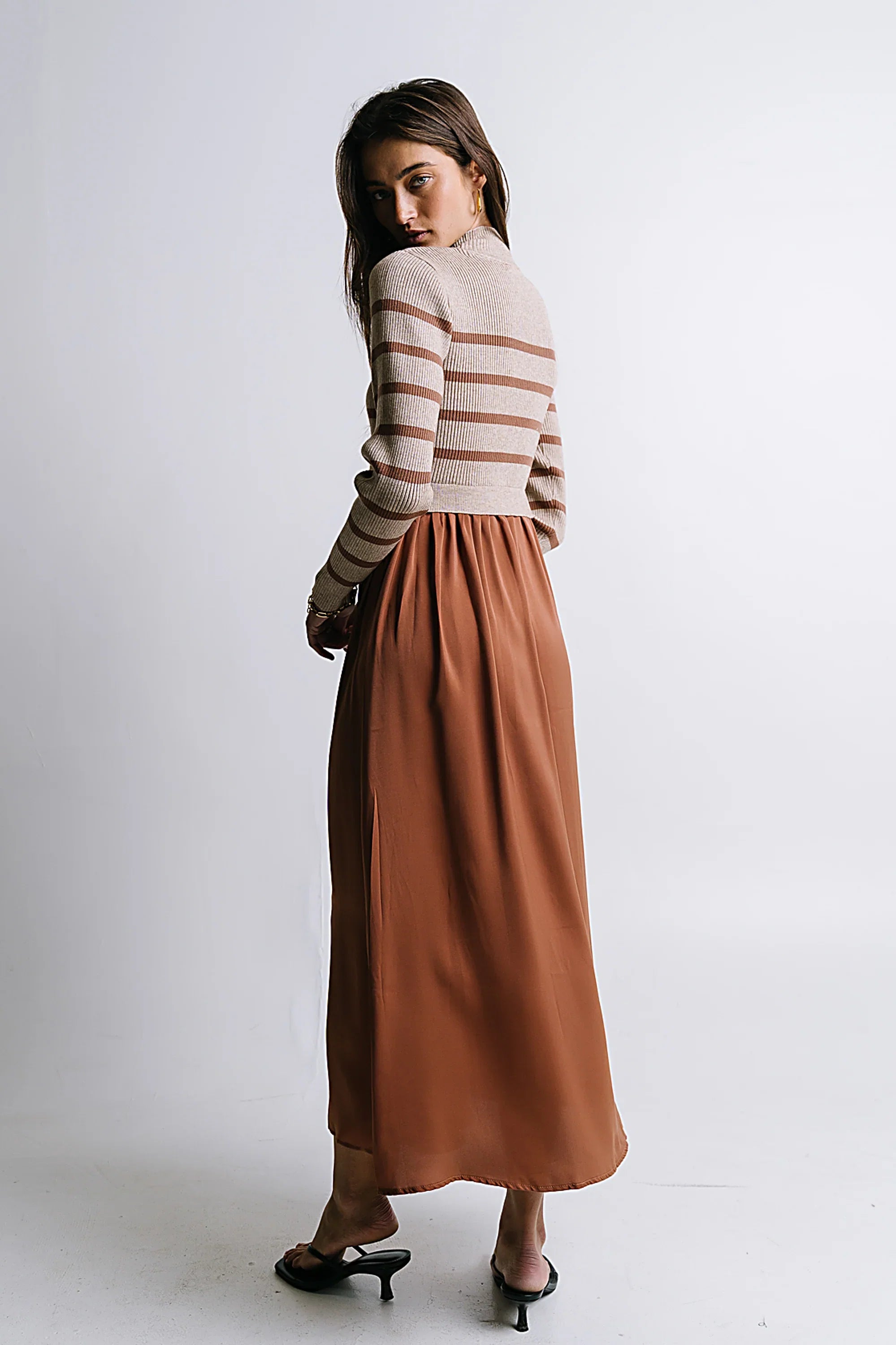 Zeda Midi Dress in Brown Stripe FINAL SALE
