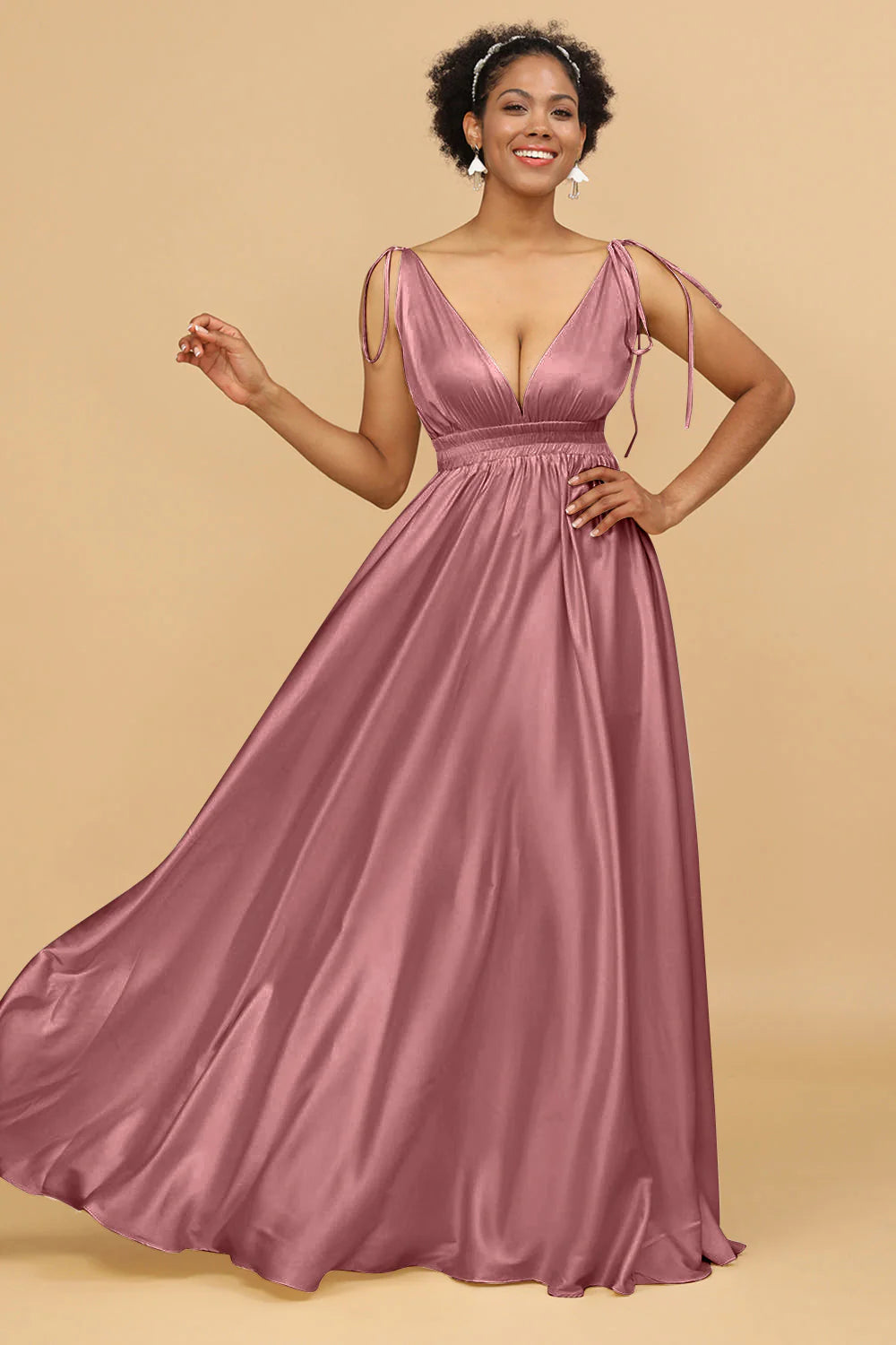 A Line Deep V Neck Backless Floor Length Bridesmaid Dress